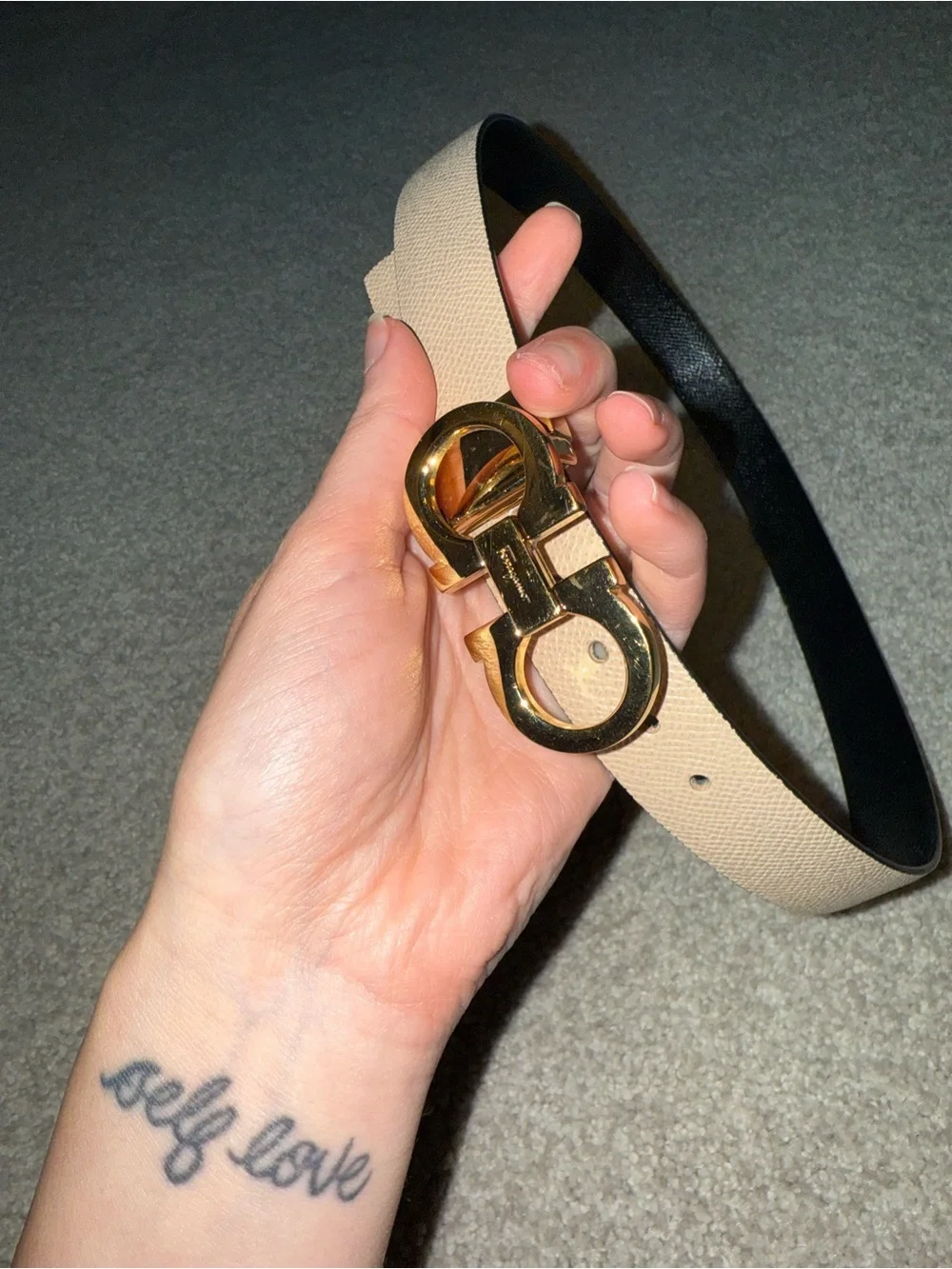 Salvatore Ferragamo Beige Leather Belt with Gold Gancini Buckle